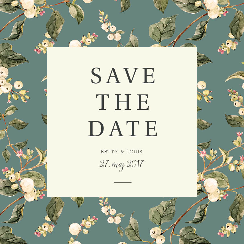 
                Skønneste save the date med smukke hvide snebær. En save the date er den perfekte måde til at sige til dine gæster at de skal sætte et kryds i kalenderen på jeres unikke dag. Til designet kommer også matchende elementer i form af invitation, velkomstskilt, salmehæfte, bordoversigt, menukort, drinkskort, takkekort mm. således I kan skabe en rød tråd for dagen.                